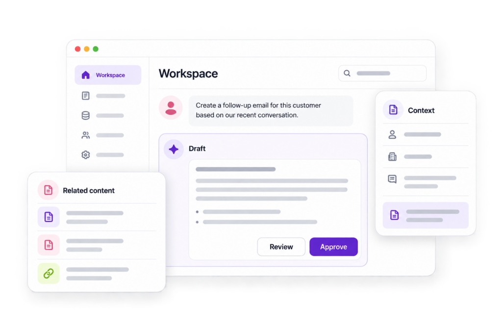 AI-native application interface with contextual AI draft and human review
